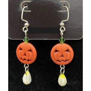 Handmade Jack-O-Lantern Pumpkin with Yellow & White Bead Earrings by Neanie-Bot